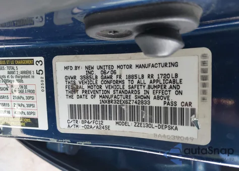 2006 Toyota Corolla S from USA, damaged, VIN 1NXBR32EX6Z742833